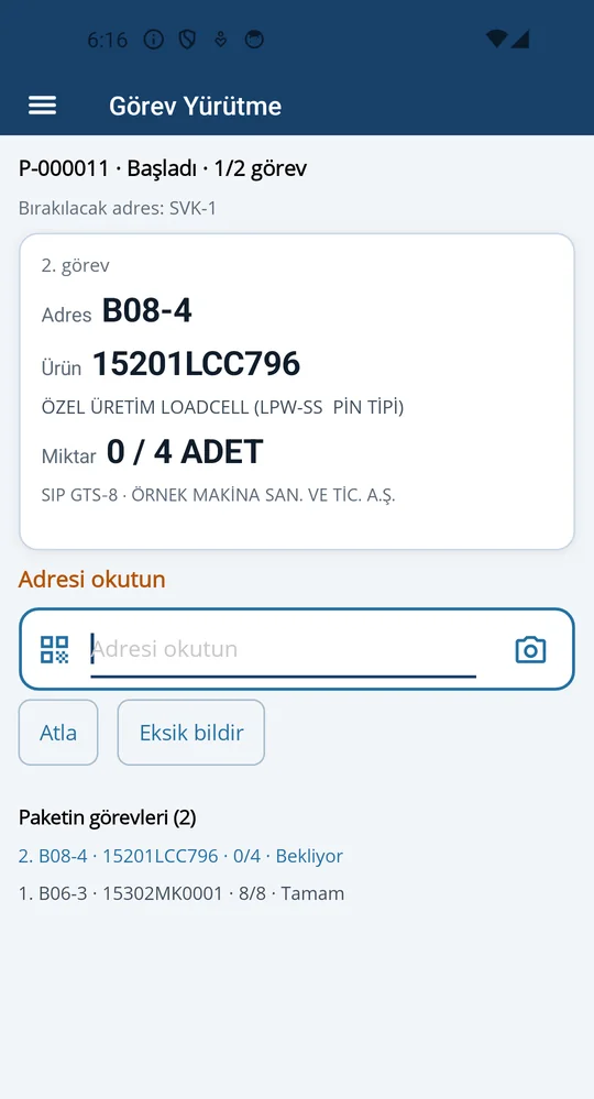 El terminalinde görev yürütme: raf adresi, ürün, miktar ve kasa okutma adımları