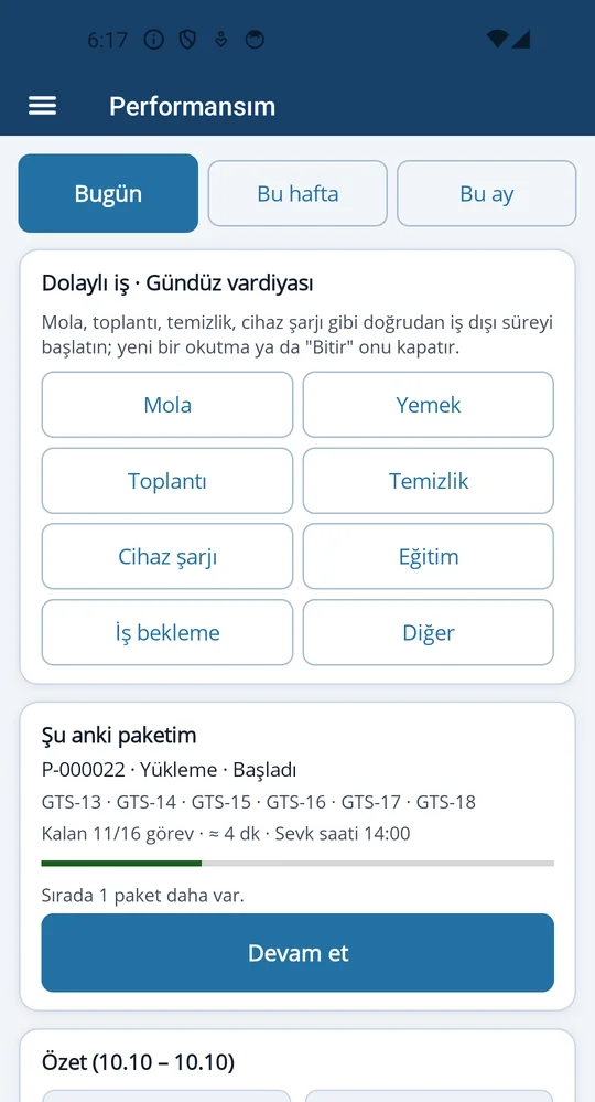 El terminalinde Performansım: hedefe göre yüzde, satır ve adet saatte, doğruluk ve dolaylı iş