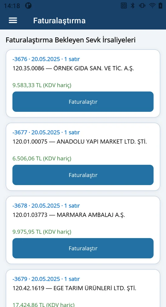 Faturalaştırma bekleyen sevk irsaliyeleri ve tek dokunuşla faturalaştırma