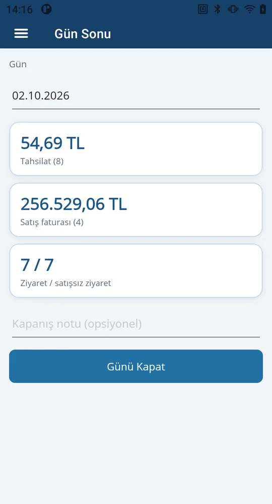 Gün sonu: tahsilat, satış faturası ve ziyaret özeti, günü kapatma