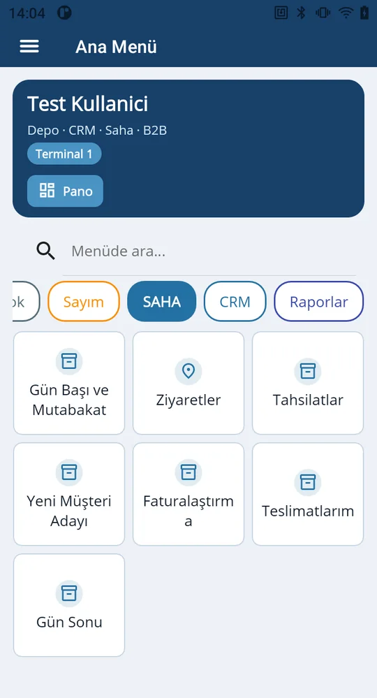 El terminali ana menüsü: SAHA sekmesinde gün başı, ziyaret, tahsilat, faturalaştırma ve gün sonu