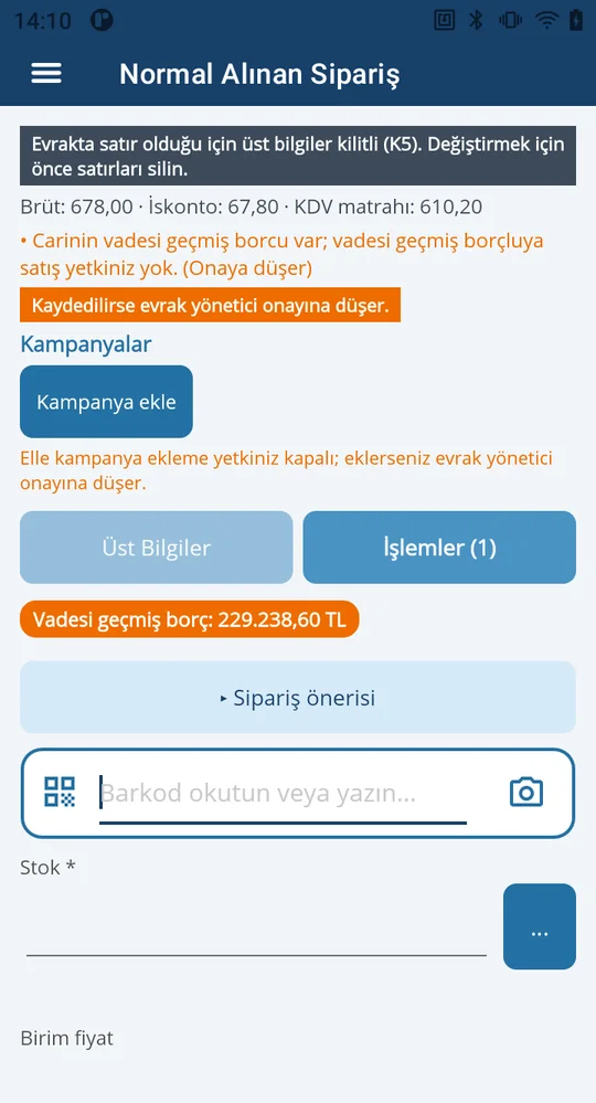 Saha siparişinde sunucu önizlemesi: kaydedilirse evrak yönetici onayına düşer