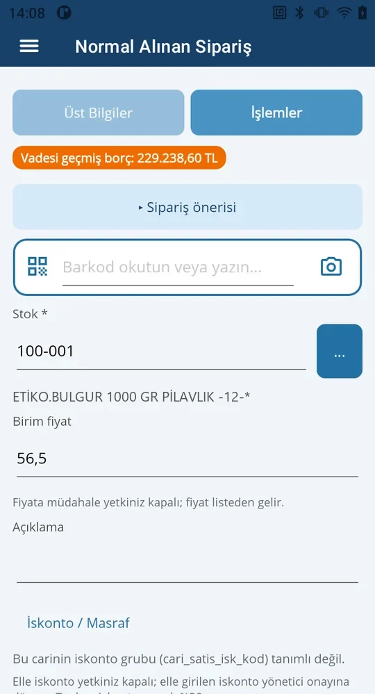 El terminalinde saha siparişi: müşterinin vadesi geçmiş borç rozeti, sipariş önerisi, barkod ve listeden gelen fiyat