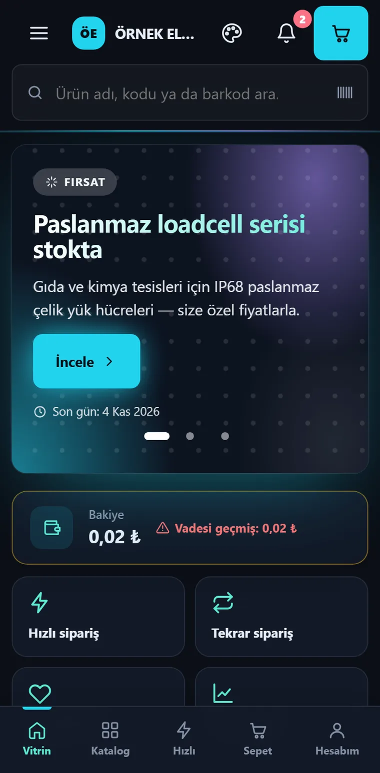 Depologi B2B vitrini telefonda — Gece teması