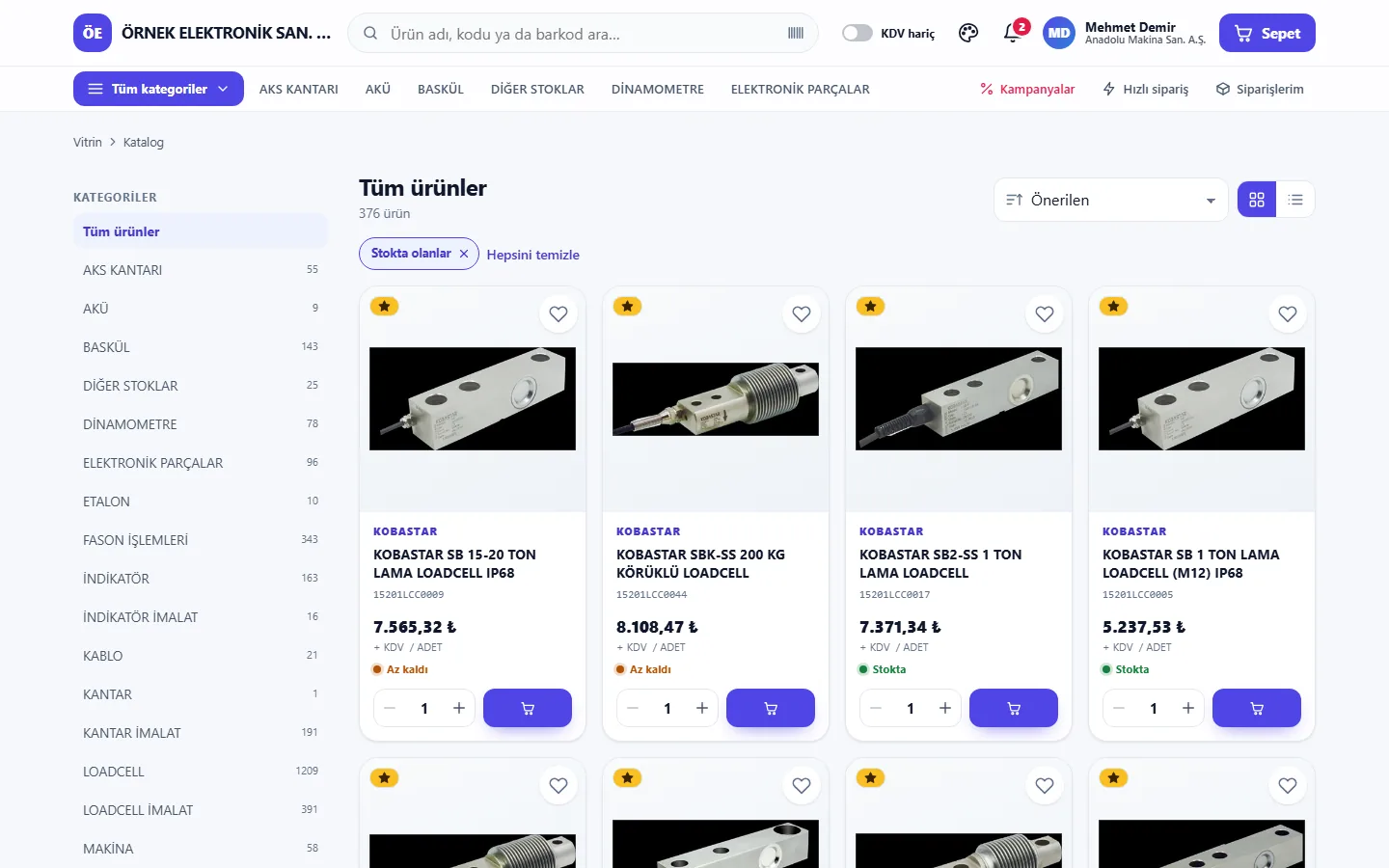 Depologi B2B katalog: süzgeçler, cariye özel net fiyat ve stok durumu