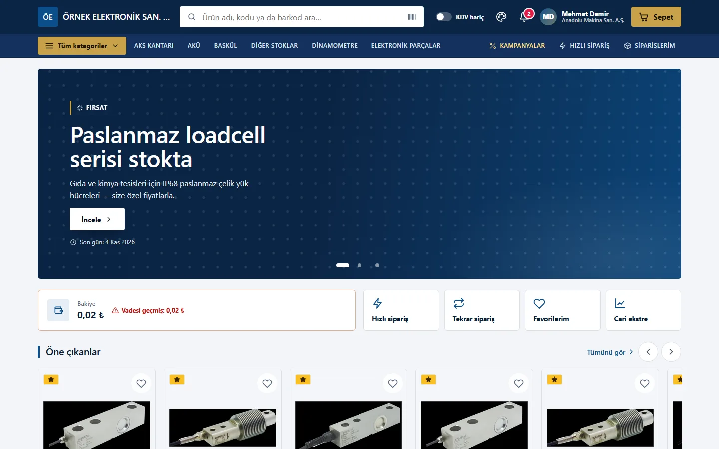 Depologi B2B vitrini — Kurumsal teması: kampanya bandı, finans özeti ve öne çıkan ürünler