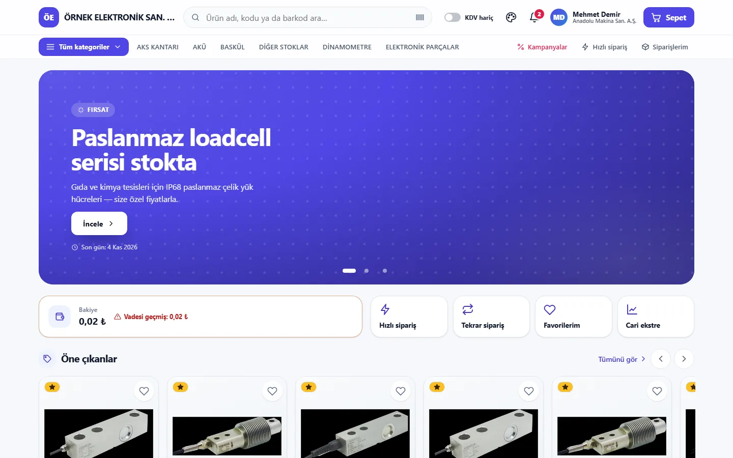 Depologi B2B vitrini — Modern teması: kampanya bandı, finans özeti ve öne çıkan ürünler