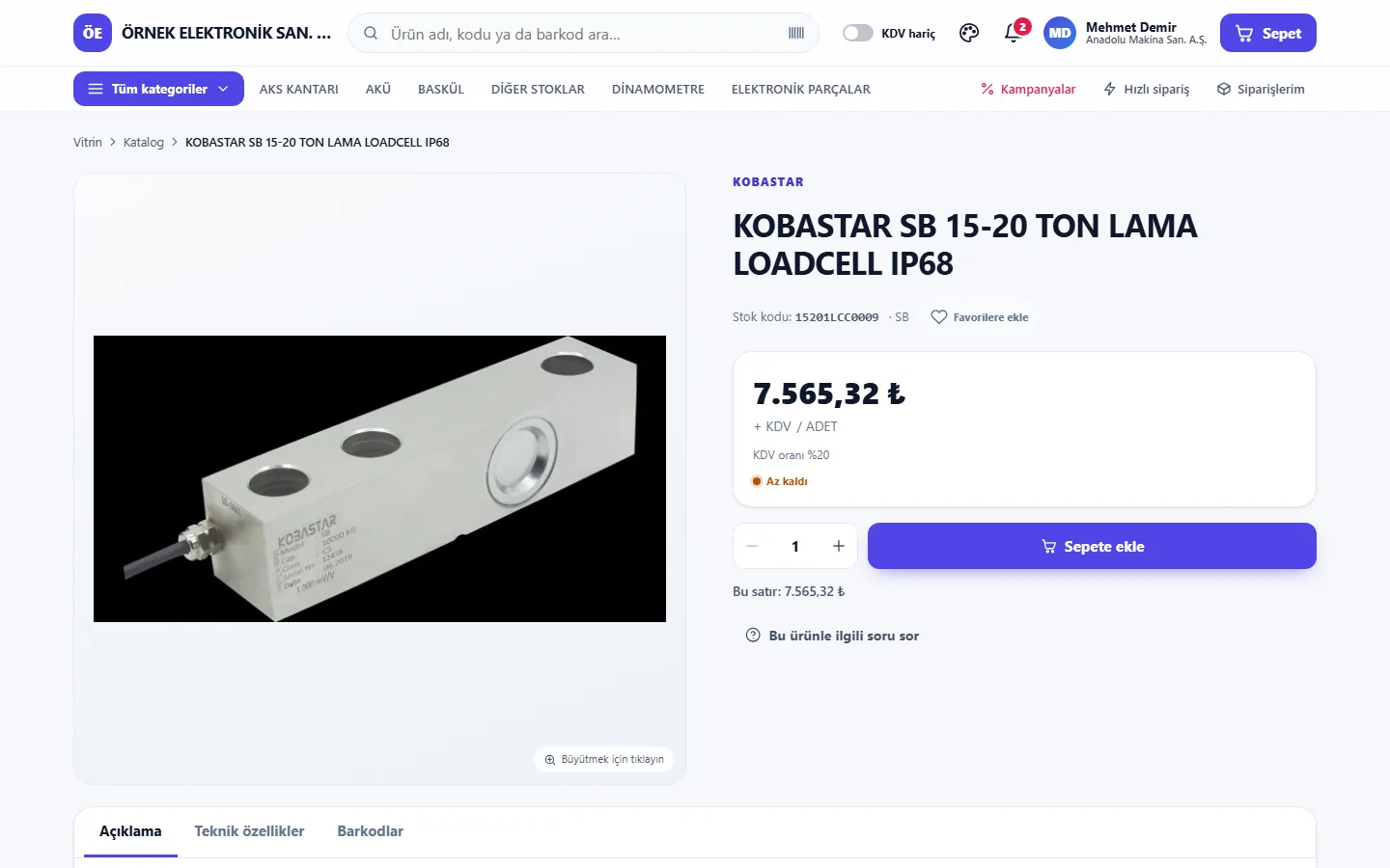 Depologi B2B ürün sayfası: cariye özel fiyat, stok durumu, sepete ekle, açıklama ve teknik özellikler