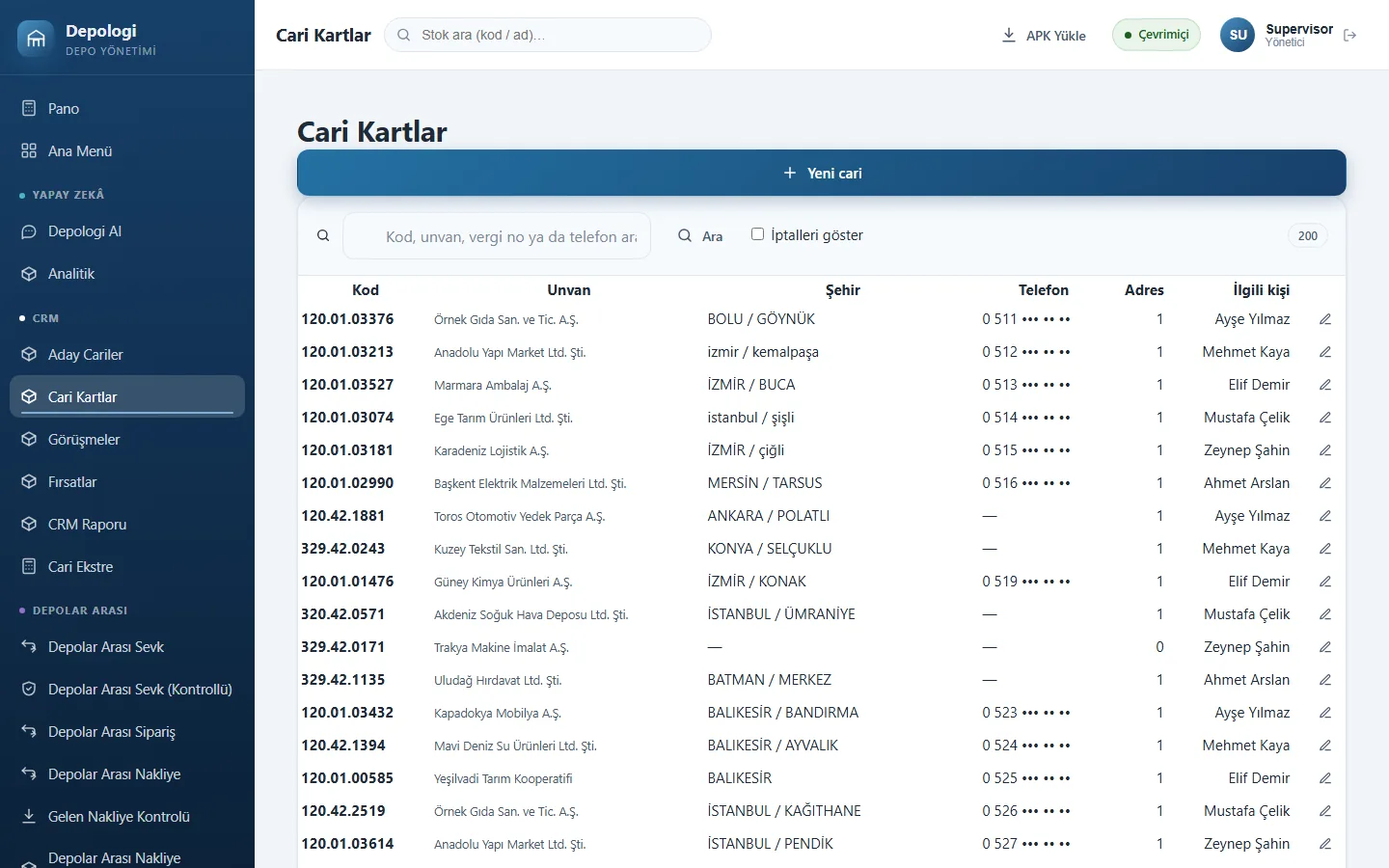 Depologi CRM ekranı