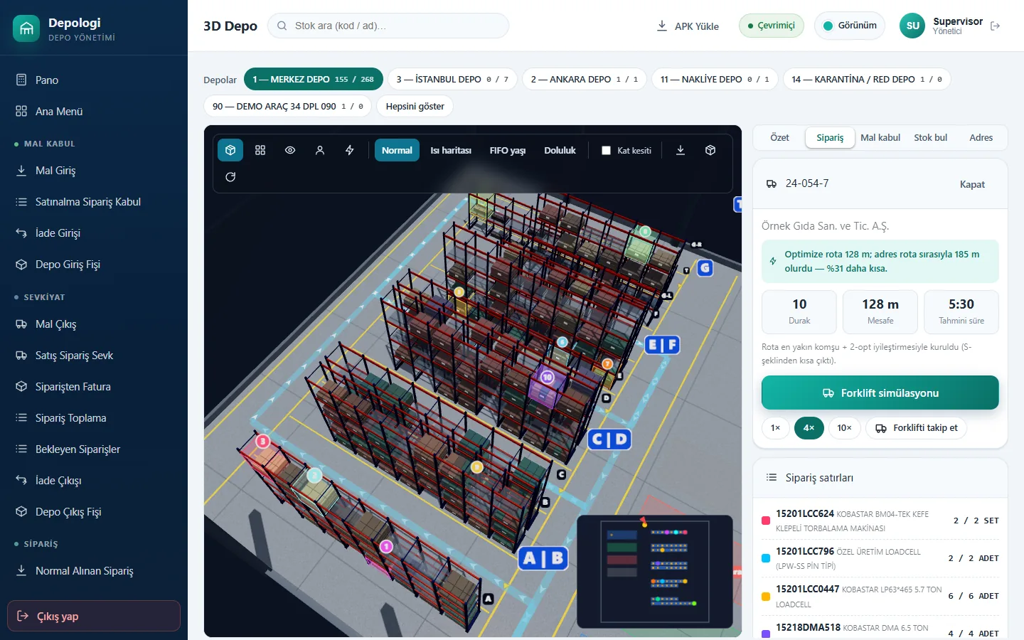 Depologi 3D depo — sipariş toplama planı ve rota karşılaştırması