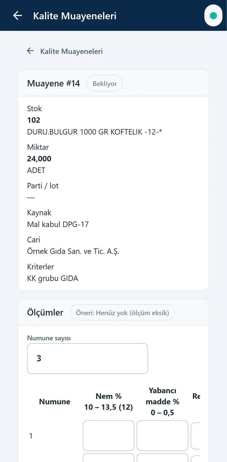 Depologi Kalite Yönetimi ekranı — mobil görünüm