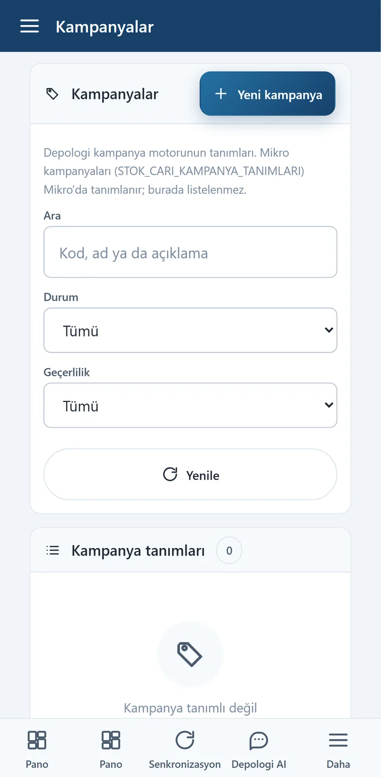 Depologi Saha Operasyonları ekranı — mobil görünüm