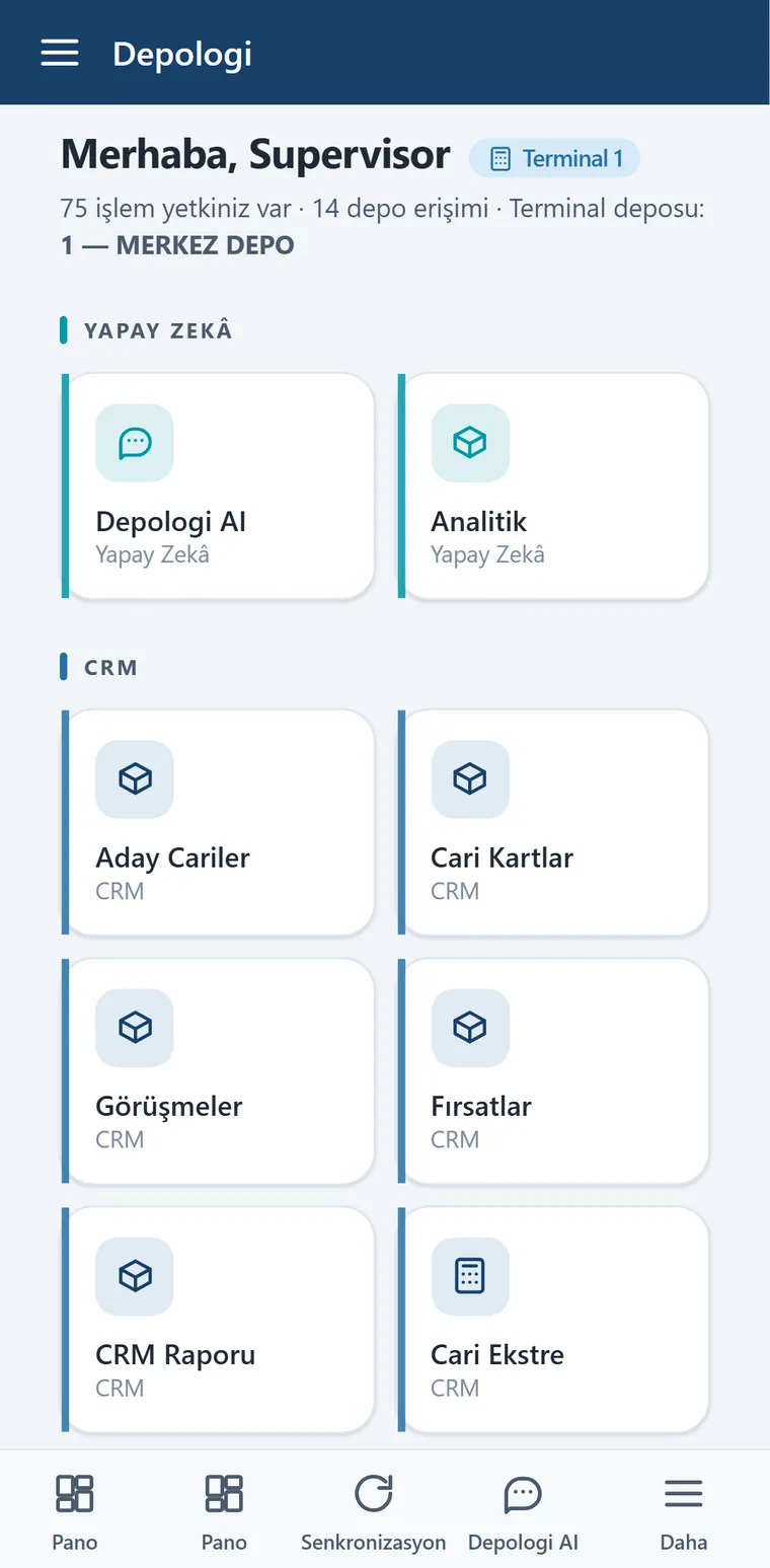 Depologi web uygulaması ana menü — mobil görünüm