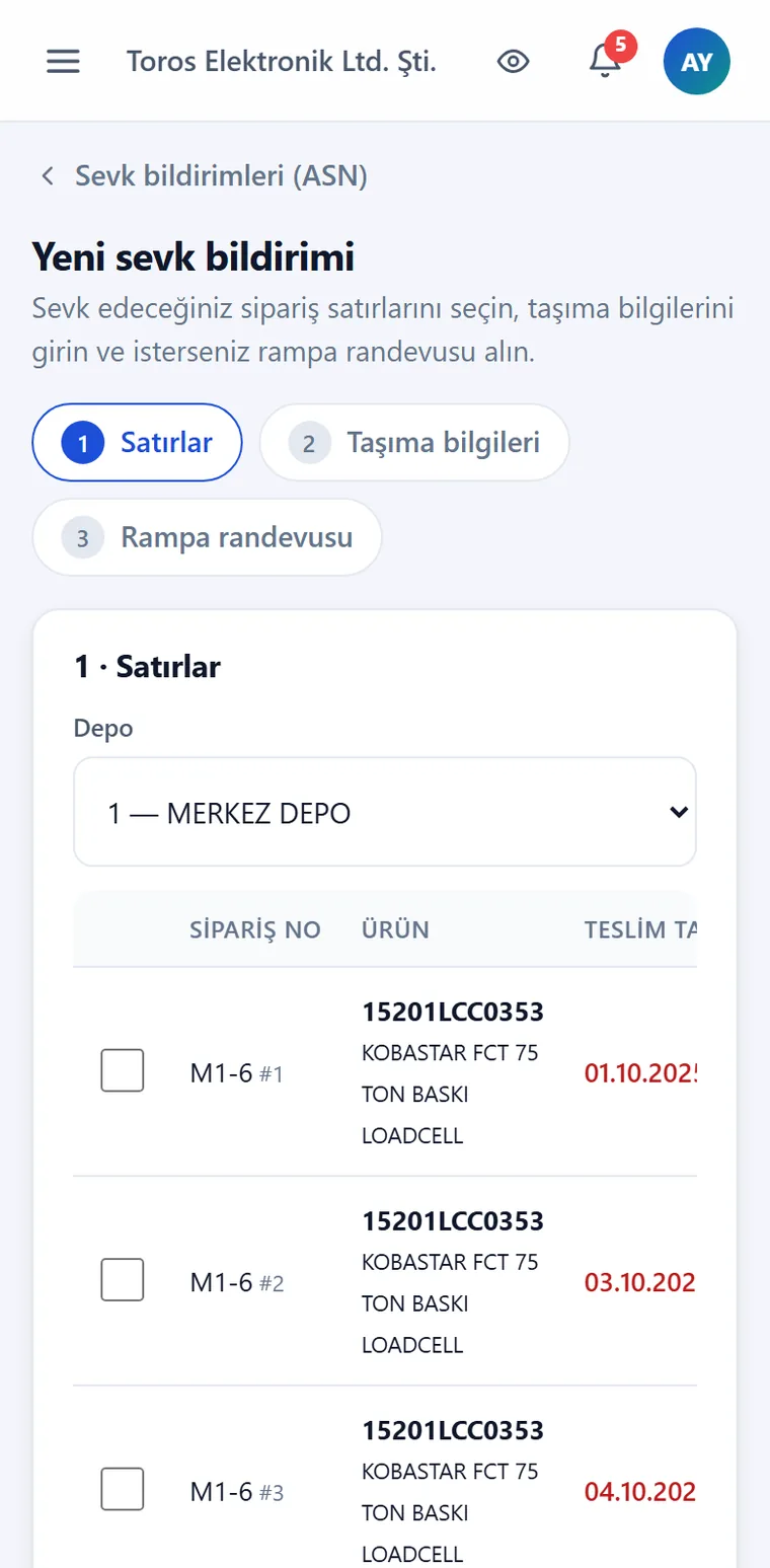 Depologi Tedarikçi Portalı telefonda — sevk bildirimi