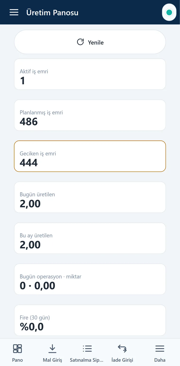 Depologi üretim panosu — mobil görünüm