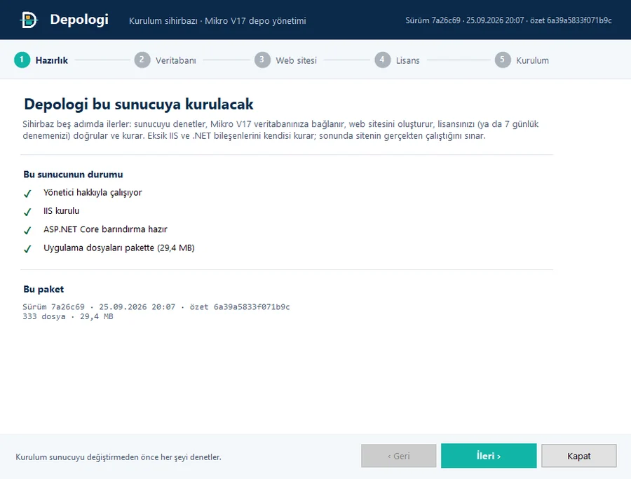 Depologi kurulum sihirbazı — Hazırlık adımı