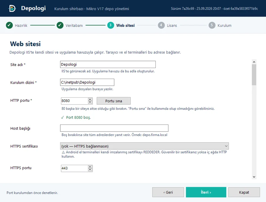 Depologi kurulum sihirbazı — Web sitesi adımı